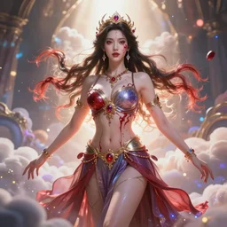 a beautiful female god of blood character, character is in all its glory, character is centered on the image, character is in her natural pose, rim lights, magic in the air, fancy clouds, highly detailed professional photo, dynamic lights, particles are flying, depth of field, trending on artstation, illustration, hyper realistic, vray caustics, super detailed, colorful accents, cinematic shot