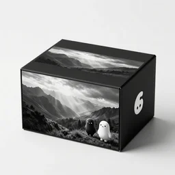 zef box design modern black and white color scheme, minimalist, nature, cute characters