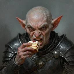portrait of an angry medieval goblin in the armor, beautiful face, hyper realistic, highly detailed, digital painting, artstation, illustration, concept art by hyung tae and frank frazetta, digital paint, matte paint, washed colors, eating cakes, dark, gloomy, foggy