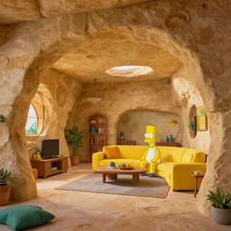 inside organic home made of carved sandstone. the simpsons living room. architectural photography. coronarender, 4 k, 8 k. volumetric lighting.