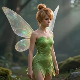 joel from the last of us dressed as tinkerbell with a green dress and a pixie haircut
