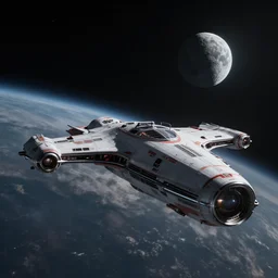 battlestar gallactica, spaceship, octane render, redshift render, dynamic perspective, moody, realistic, near a moon, cinematic