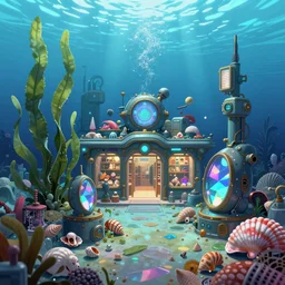 undersea shopping center built from various sea shells, sea weed, light prisms, light diffraction, steampunk, cyberpunk, cool lights, anime, vhs distortion