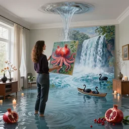 tall female artist holding art supplies in her flooded apartment, pomegranates, octopus, water gushing from ceiling, painting of flood waters inside an artist's apartment, a river flooding indoors, candles, ikebana, zen, rapids, waterfall, black swans, canoe, berries, acrylic on canvas, surrealist, by magritte and monet