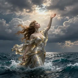 concept art of the most beautiful titan woman emerging from the ocean and touching a cloudy sky caravaggio pascale blanche wide angle