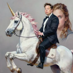 an extremely high quality hd surrealism painting of elon musk riding a unicorn with emma watson's face