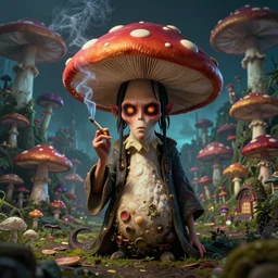 a centered chest up portrait of a psychedelic demonic anthropomorphic mushroom - man smoking a hand - rolled cigarette smoking heavily, magic mushroom village in background. award winning. superb resolution. in the art style of junji ito and greg rutkowski. detailed mushroom city in background. hyper realistic anime. perfect art. dalle 2