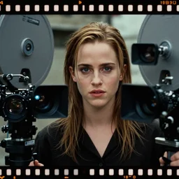 a wide angle movie still from the matrix 1 9 9 9 showing emma watson, close - up face, shot on celluloid with panavision cameras, panavision lenses, 3 5 mm film negative width, anamorphic projection format, critically acclaimed, oscar winning practical effects