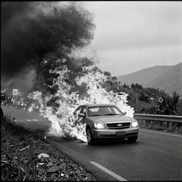 Chevrolet Cadillac rolling down a mountain engulfed in flames, wide shot, 120 black and whit film