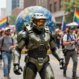 Master Chief from Halo defending Earth from the LGBT+ Pride Parade invasion