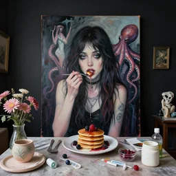 a portrait in a female artist's bedroom, black walls, emo girl eating pancakes, berries, surgical supplies, handmade pottery, flowers, sensual, octopus, neo - expressionism, surrealism, acrylic and spray paint and oilstick on canvas