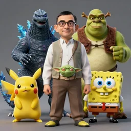 mr. bean godzilla yoda donkey kong pikachu yeti shrek spongebob homer groot, highly detailed, extremely high quality, hd, 4 k, 8 k, professional photographer, 4 0 mp, lifelike, top - rated, award winning, realistic, detailed lighting, detailed shadows, sharp, no blur, edited, corrected, trending