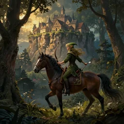 an elf with a bow and arrow in her hand rides a horse through the woods. towards a village that is set in a cliff. mystical style, atmospheric lighting, painted, menacing, intricate, volumetric lighting, beautiful, rich deep colours masterpiece, golden hour, sharp focus, ultra detailed, by leesha hannigan, ross tran, thierry doizon, kai carpenter, ignacio fernandez rios