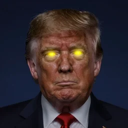 a cartoon face, recognizably in the likeness of Donald Trump, with glowing yellow eyes, in style of Dark Brandon
