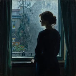 silhouette of a woman gazing out her hotel window at the rain, extremely detailed masterpiece, oil on canvas, low-key neon lighting, in the world of Andrew Wyeth, artstation, by J. C. Leyendecker and Peter Paul Rubens,