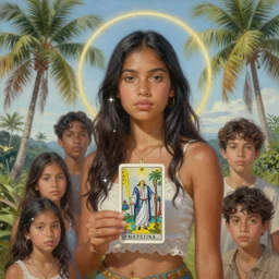 a ultradetailed beautiful painting of a latina brazilian girl in amazonas by hsiao ron cheng, ngai victo, nivanh chanthara jean delville wlop and dougherty patrick, trending on artstation, mediterranean, palm trees, light sparkles, major arcana sky, sharp focus, soft light