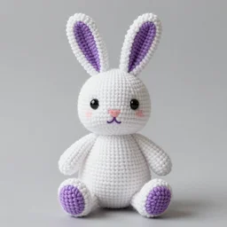 a white bunny with purple accents made of yarn
