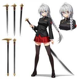 advanced digital anime character reference sheet, Girl with long braided silver hair and spectacle glasses wearing a black high school outfit with red skirt holding 5 feet scythe Sakimimichan WLOP Artgerm