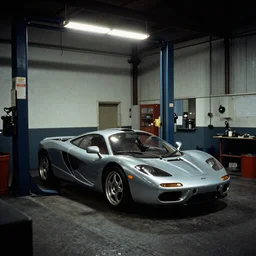 McLaren F1, inside of an unlit 1970s auto repair garage, ektachrome photograph, volumetric lighting, f8 aperture, cinematic Eastman 5384 film