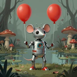 adventurer. 1 9 5 0 s retro future robot android mouse holding a red balloon. muted colors. spooky swamp mushrooms island, lillie pads. by jean baptiste monge!!!!!!!!!!!!!!!!!!!!!!!!! chrome red