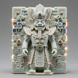 A photo-real delicate ceramic porcelain sculpture of an ornate detailed mayan king in front of a intricate background by Victo Ngai and takato yamamoto, micro detail, backlit lighting, subsurface scattering, translucent, thin porcelain, octane renderer, colorful, physically based rendering, japanese pottery, trending on cgsociety