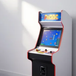 pacman arcade machine, sun rays, hyperrealistic, photo realistic, realistic, beautiful white lighting, in the middle of the day, hyperdetailed, very detailed, good composition, rule of threes