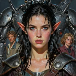 A mixed media portrait painting of a very beautiful dwarf warrior girl, sweat, aesthetic symmetrical face and eyes, photorealistic, model, wet, starship-troopers, pacific-rim-mech in background, eighties pinup style, by Frank Frazetta, Boris Vallejo, Beeple, Greg Rutkowski, Christian MacNevin, epic fantasy character art, high fantasy, CGsociety, exquisite detail, post-processing, masterpiece, cinematic
