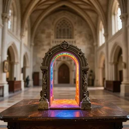 macro shot of a vibrant portal sitting on a table in the hall of a great castle