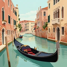 an illustration of a canal in venice with a gondola, vintage style, detailed illustration, digital painting, vector art, trending on artstration, trending on behance, by anton fadeev, by alena aenami, by makato shinkai