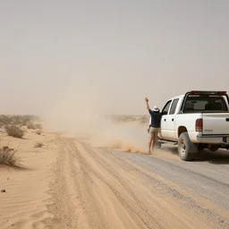 tumbleweed, sand storm, desert road, hitchhiker being picked up by a truck, usa, portra 4 0 0