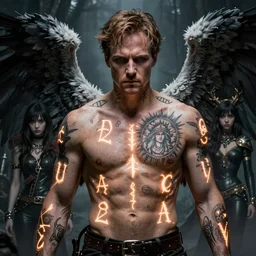 Dean Winchester as an angel with religious tattoos on chest and neck, with glowing runes on the body, grimdark book cover style, D&D dark fantasy style, sharp focus, ultra detailed, art by Artgerm and Peter Andrew Jones, Ayami Kojima, Amano and Olivier Ledroit