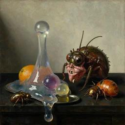 disturbing colorful oil painting dutch golden age vanitas still life sparse composition with bizarre objects strange gooey transparent surfaces shiny metal reflections bizarre mutant meat insects rachel ruysch dali todd schorr very detailed perfect composition rule of thirds masterpiece canon 5 0 mm, cinematic lighting, photography, retro, film, kodachrome