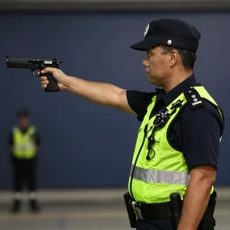 photo of a cop holding a gun, night, bbc