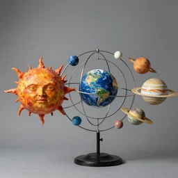 a kinetic sculpture of this solar system, sun, mercury, venus, earth, mars, jupiter, saturn, uranus, neptune, pluto, orrery, canon 5 d 5 0 mm lens, papier - mache, studio, artificial intelligence