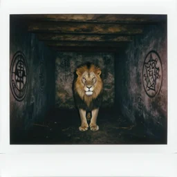 polaroid of creepy basement, a lion lurks in the darkness. goetic sigils on walls. creepy atmosphere, liminal space.