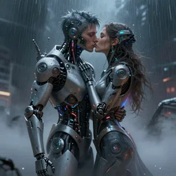 ultra realistic medium shot of a couple of cyborgs kissing, lovers, cyberpunk, sci - fi, fantasy, kodak, colour led gel, soft light, volumetric lighting, fog, rays, night, rain, storm, intricate, highly detailed, digital painting, concept art, smooth, sharp focus, illustration, art by artgerm and greg rutkowski and alphonse mucha
