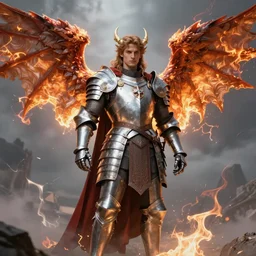 romanesque character portrait, bright armor male dragon sorcerer with burning!!!!! + angel wings, ultra realistic, wide angle, intricate details, thunder artifacts, sharp focus, highly detailed by peter mohrbacher, hajime sorayama, wayne barlowe, boris vallejo, aaron horkey, gaston bussiere, craig mullins