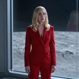 a still from bladerunner 2 0 4 9 of elle fanning looking anxious in a tailored red suit standing next to a plate glass window. outside we see the surface of the moon. sci fi, futuristic, cinematic, soft lighting, sci fi, bladerunner, canon eos r 3, f / 3, iso 2 0 0, 1 / 1 6 0 s, 8 k, raw, unedited