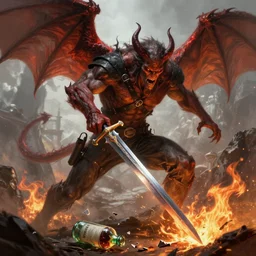 the witcher fighting a demon, broken sword, demon with wings, broken bottle of mutagen on the ground, fire detail, fierce, sharp details, highly detailed sword, digital painting, trending artstation, epic fantasy, cinematic lighting, vibrant colors, photorealism, epic, octane render.