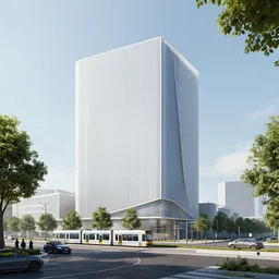 a clean scifi building in pleasant urban setting with trams and trees and cars by a. j. casson