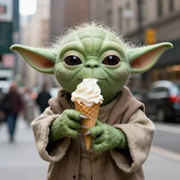 high quality image of yoda eating ice-cream in new york