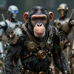 a portrait of : chimpanzee!!! robot!!! 3 5 mm dof photograph, cyberpunk, steampunk, artstation