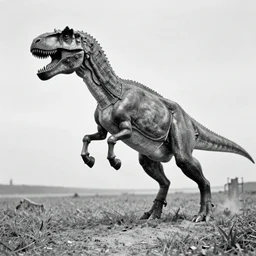 t rex and a [ [ horse ] ] wearing legs, movement, strange, [ metal ], black and white photograph, 1 8 5 0 s
