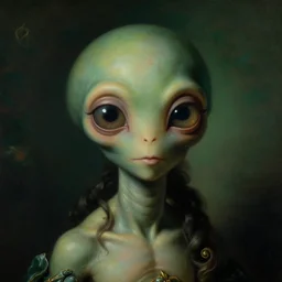 a close - up rococo portrait of an alien creature with big eyes, 1 8 th century painting by jean - honore fragonard. front on view. gloomy green environment, blurry organic dark background