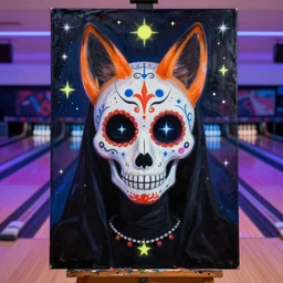 a realistic portrait of dia de los muertos fox skull character, themed on the stars and moon, painting by jeff easley, stylized, black light, neon, black velvet, bowling alley carpet, dnd beyond