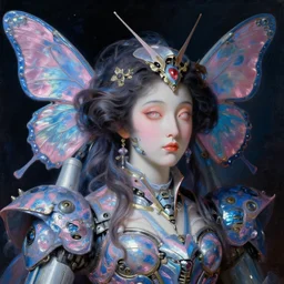 a baroque neoclassicist close - up renaissance portrait of a blue and pink iridescent whimsical 1 8 0 0 s japanese mecha gundam butterfly witch. reflective detailed textures. glowing eyes, dark background. highly detailed fantasy science fiction painting by moebius, norman rockwell, frank frazetta, and syd mead. rich colors, high contrast. artstation