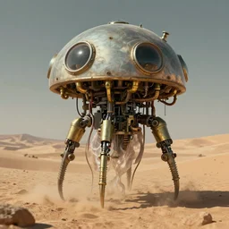 mechanical jellyfish robot machine in the desert, dome portholes, brass pipes, wires, detailed illustration, concept art, muted colour palette, highly detailed, strong lighting, dramatic, harsh