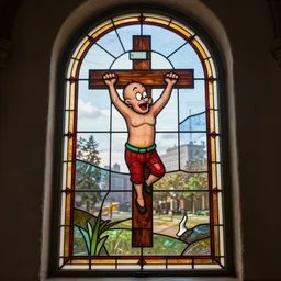 a stained glass window featuring gumby nailed to a cross 4 k unreal engine 5 dramatic lighting massive complexity