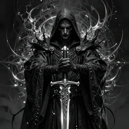 portrait of a dark powerful necromancer holding an exquisite sword. intricate abstract. intricate artwork. nightmare fuel. terrifying. by Tooth Wu, wlop, beeple, dan mumford. octane render, trending on artstation, greg rutkowski very coherent symmetrical artwork. cinematic, hyper realism, high detail, octane render, 8k, iridescent accents, black and white