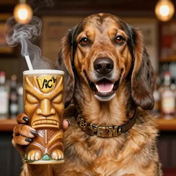 a closeup photorealistic photograph of happy snoop dogg at trader vic's bar holding up a trader vic's tiki mug featuring the face of snoop dogg smoking. brightly lit scene. this 4 k hd image is trending on artstation, featured on behance, well - rendered, extra crisp, features intricate detail, epic composition and the style of unreal engine.